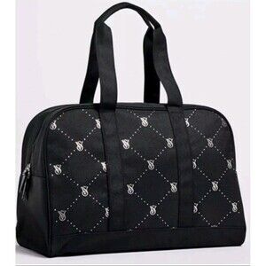 Victoria's Secret Weekender Large Black Tote Zip Duffle Bag VS Logo Pink Bling